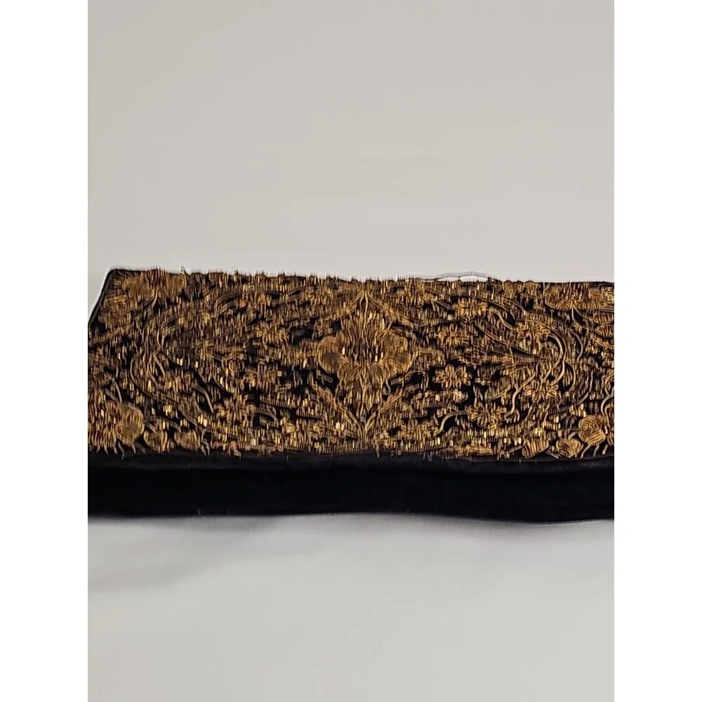 Vintage Black Velvet Gold Embroidered Clutch Purse Made in India Evening Bag 50s